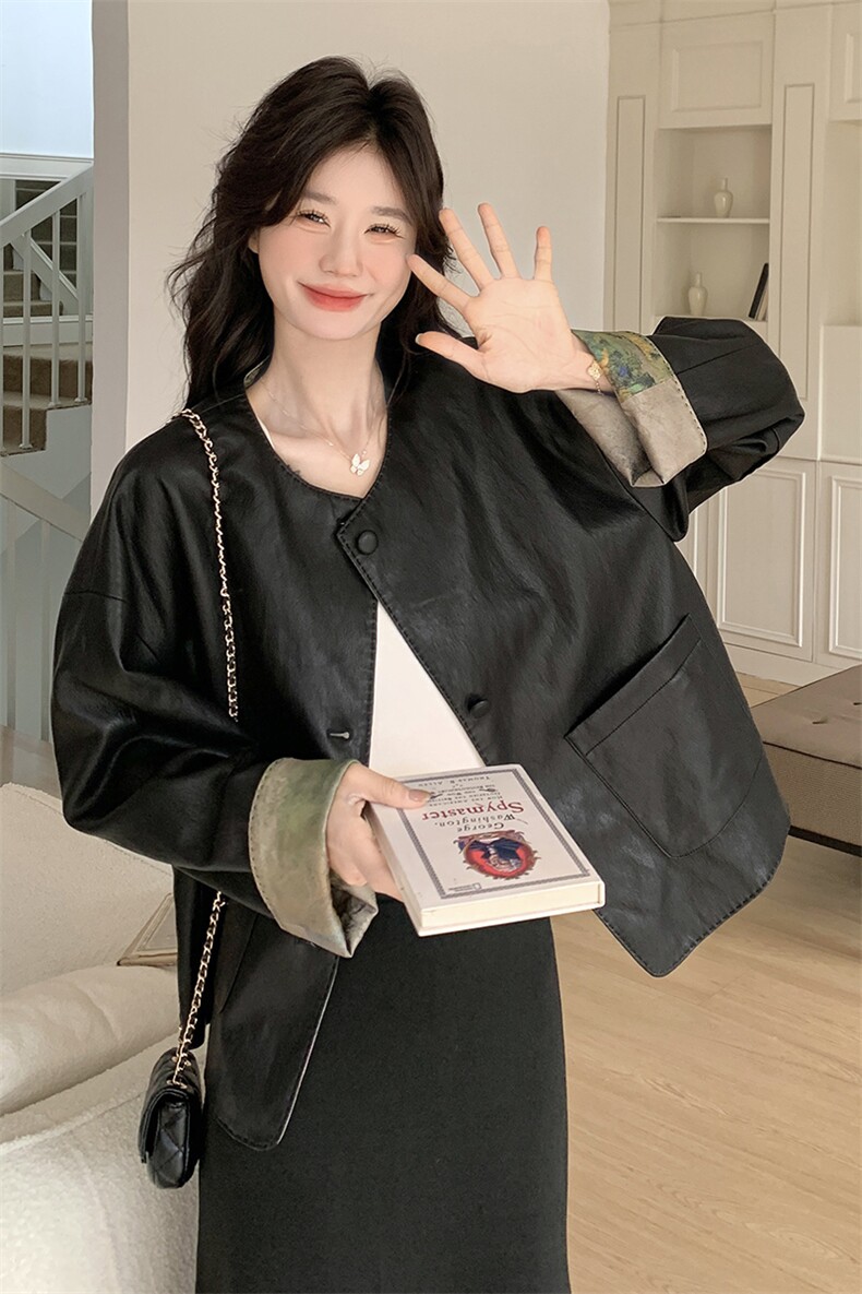 新中式皮衣外套女2026春装新款设计感小众高级感风皮夹克上衣潮,女装皮衣,2C218