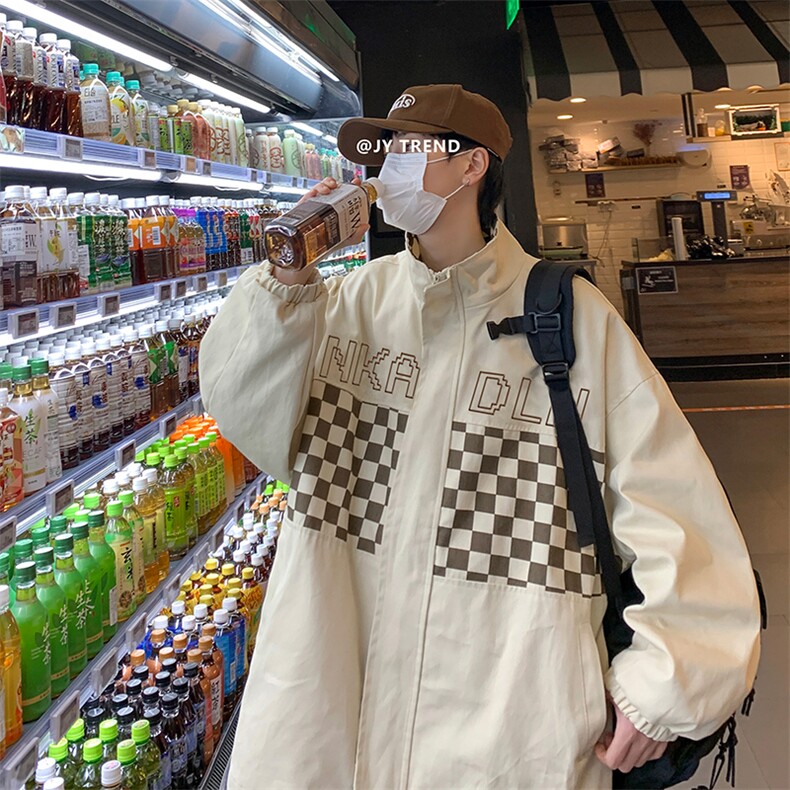 春秋季新款格子拼接立领夹克潮牌宽松休闲百搭夹克外套,男装夹克,星座410-7
