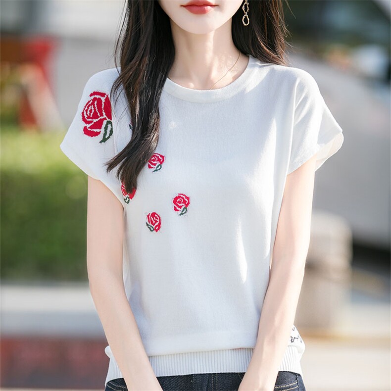 2025夏季新款圆领玫瑰提花短袖女莱塞尔天丝宽松洋气百搭薄款针织,针织衫/毛衣,萱芳婷羊绒