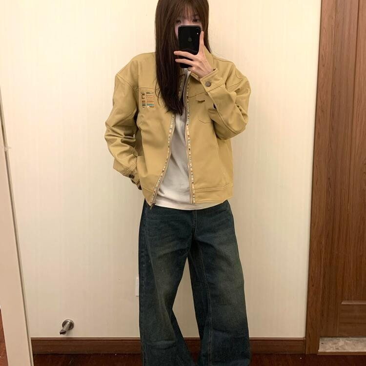 春秋季美式复古字母刺绣工装外套小众设计感情侣百搭宽松夹克潮流图片