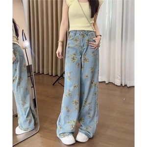 黄碎花直筒牛仔裤女夏季薄款2025年新款显瘦阔腿宽松设计感裤子女图片