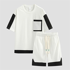 2023夏季新款抖音白底男女圆领撞色短袖T恤短裤两件套套装S27/P60，男装休闲套装，星座608A