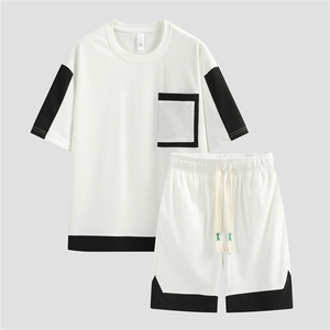 2023夏季新款抖音白底男女圆领撞色短袖T恤短裤两件套套装S27/P60图片