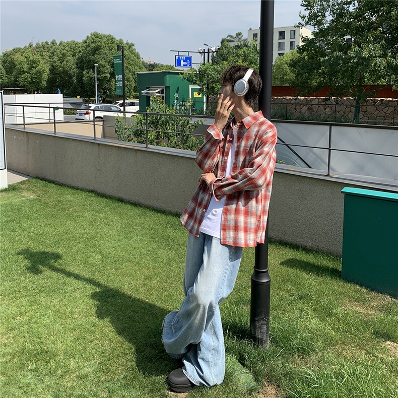 B413-1-DX883新款美式格子长袖衬衫男女休闲复古潮流宽松百搭衬衣,男装衬衫,电商B413-1