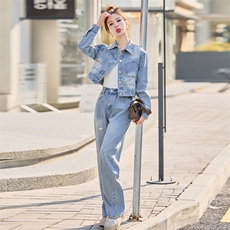 2025春季时髦气质重工镶钻翻领单排扣牛仔套裤时尚套装两件套腰带，女装套装/套裙，浪花E族（衣布洛）