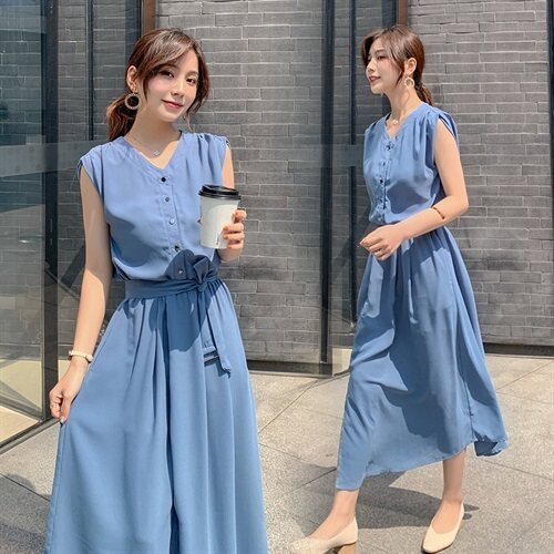 2020夏装新款蓝色无袖中长款大摆连衣裙,女装连衣裙,红依娜