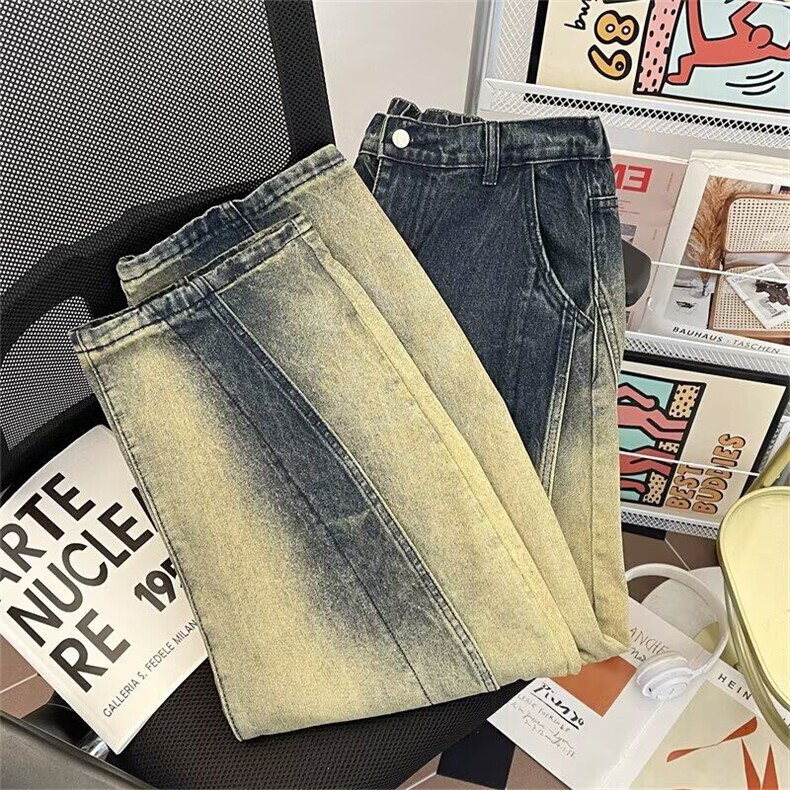 渐变色解构弯刀牛仔裤男夏季美式潮情侣直筒阔腿长裤子3533P55,男装牛仔裤,星座410-2