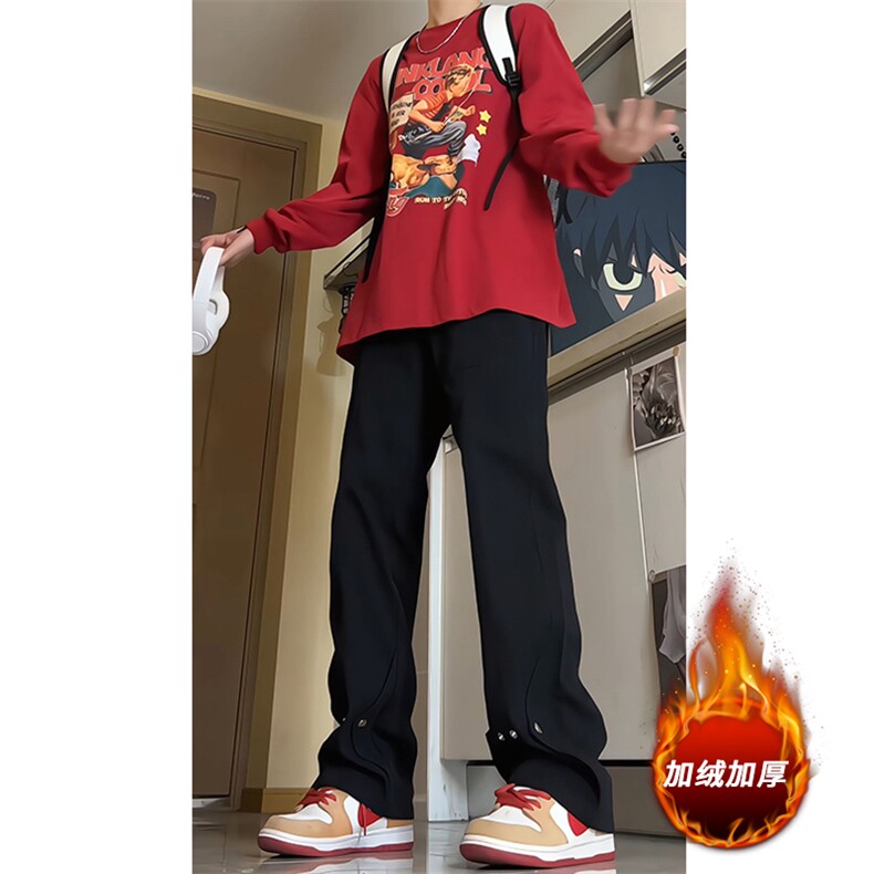 美式复古微喇牛仔裤男秋冬季加绒加厚显瘦加长版裤子加长KZ015P60图片