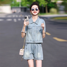 时尚牛仔阔腿短裤套装女夏2025新款洋气减龄复古牛仔小个子两件套，女装套装/套裙，意芙