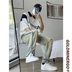 高街vibe裤男夏季黄泥染破洞牛仔裤侧边全开拉链微喇裤RK545-P53，男装牛仔裤，星座412-3