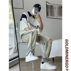 高街vibe裤男夏季黄泥染破洞牛仔裤侧边全开拉链微喇裤RK545-P53图片