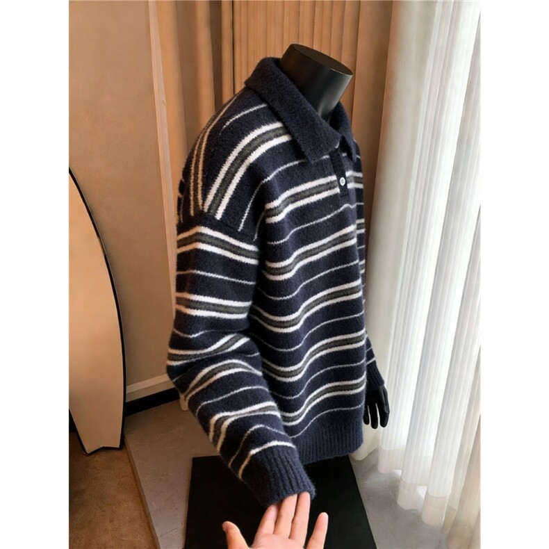 有货。毛条纹polo领毛衣男女痞帅慵懒风针织衫外套MZ1057-P56,男装针织衫/毛衣,星座412-3