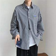 港风秋款男衬衫金典格子条纹字母贴标宽松休闲衬衣CS0176P33，男装衬衫，星座1013-1