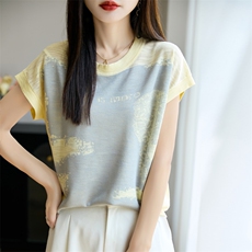 夏季新款14针竹节麻字母拼色短袖女修身显瘦百搭时尚休闲上衣，女装T恤，贵皇网供仓