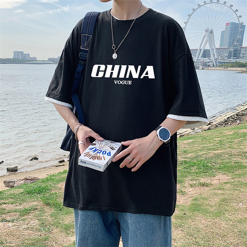 JT55001-P25假两件短袖t恤男大码胖子半袖体恤半截袖港风,男装T恤,电商A040
