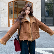 新品皮毛一体棕色羊羔毛外套2C273-1055-P185-K288，女装棉衣/棉服，2C273