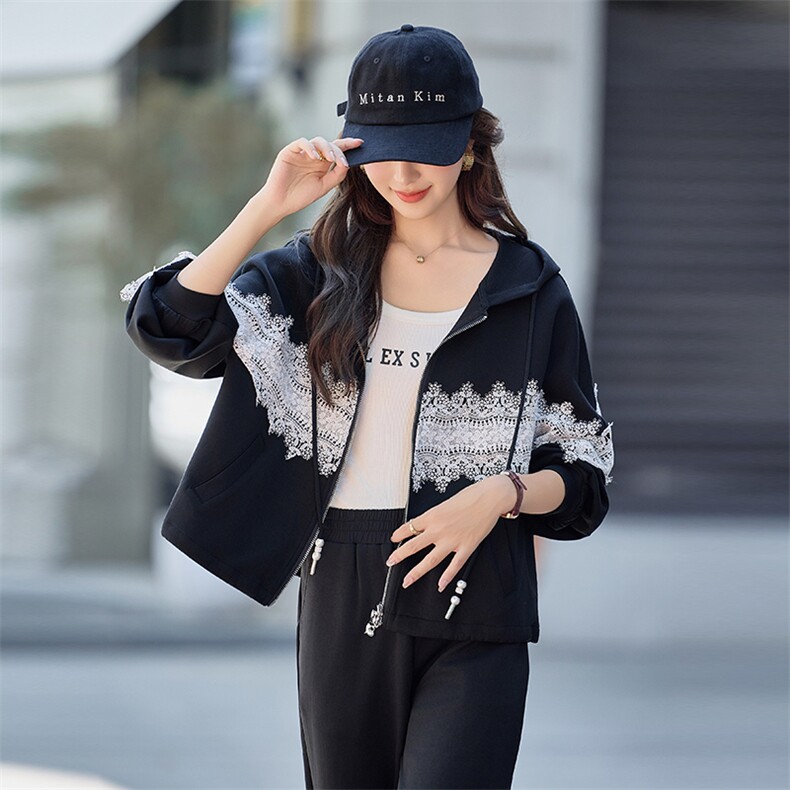 水衣源2788款时尚运动休闲连帽蕾丝拼接针织套装女,女装套装/套裙,水衣源