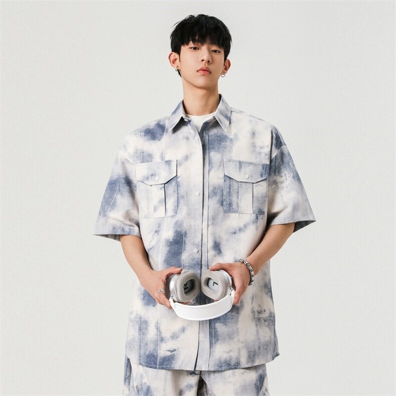 美式设计感工装衬衫男短袖2025新款水墨扎染上衣A406C6066特P40,男装衬衫,星座309（原A406）