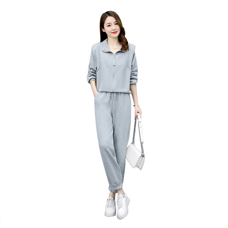 现货2023新款休闲束脚立领针织卫衣九分休闲裤两件套装,女装套装/套裙,蓝诺裳