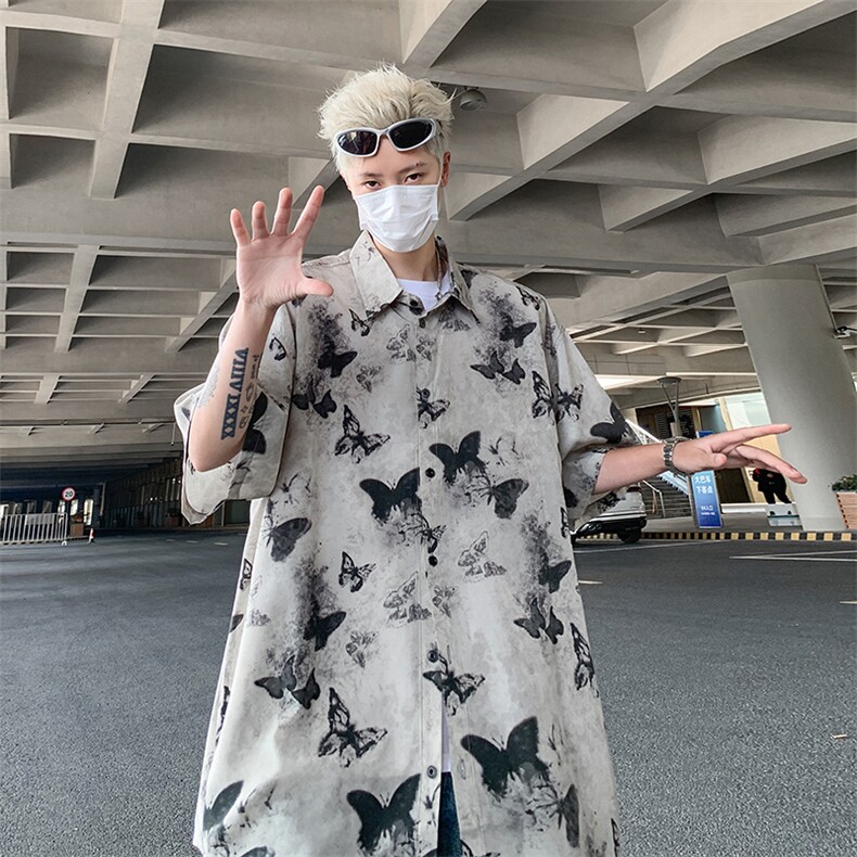 风小众设计蝴蝶短袖男女薄款宽松垂感复古水墨印花衬衣开衫外套，女装短外套，星座505-2（原电商A260-1)