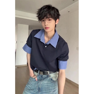 得物抖音高品质二开 夏季美式潮牌高街假两件格子衬衣翻领短袖T恤图片