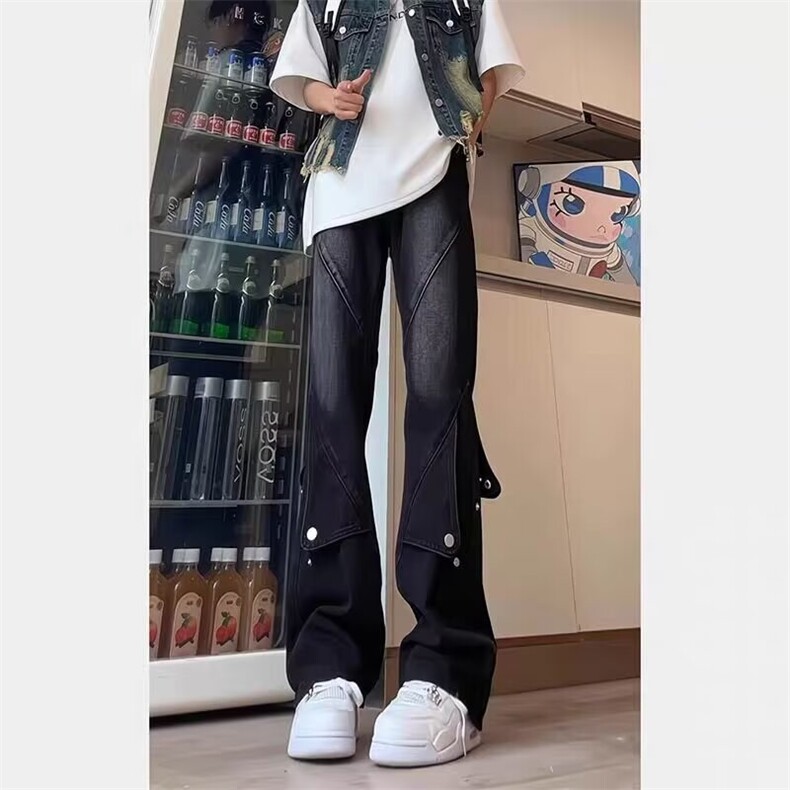 美式复古排扣牛仔裤阔腿宽松潮男裤直筒修身微喇叭裤AM1100P49，男装牛仔裤，星座1013-5