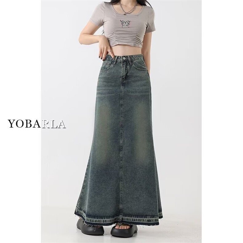 大码胖mm牛仔裙女半身裙中长款春秋季高腰显瘦毛边a字裙包臀长裙，鞋类箱包手腕包，星座1210-1