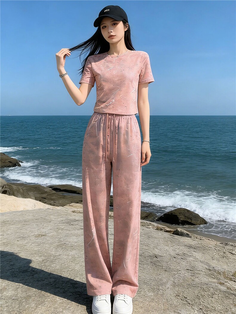 潮牌时尚休闲运动套装女夏季新款粉色扎染圆领短袖上衣长裤两件套,女装套装/套裙,江南