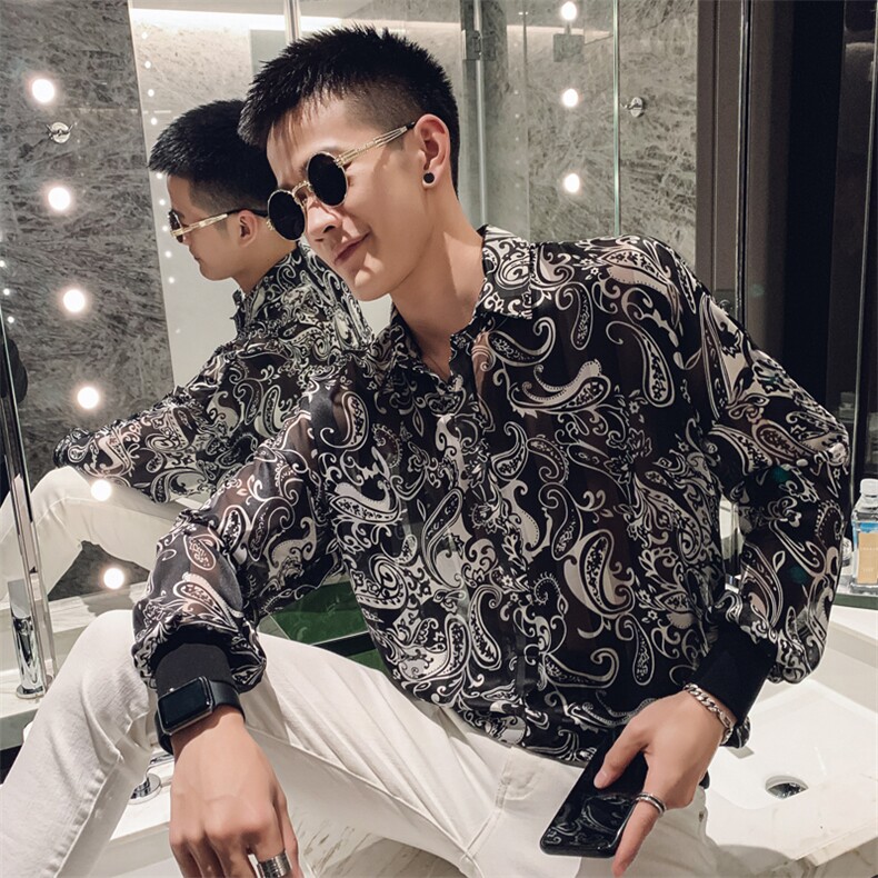 社会风春秋碎花宽松长袖套头衬衫上衣B297-C03-P58控78,男装衬衫,电商B297