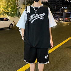 夏季时尚休闲套装假两件纯棉男宽松短袖短裤篮球服F312P60控89，男装牛仔裤，电商A086