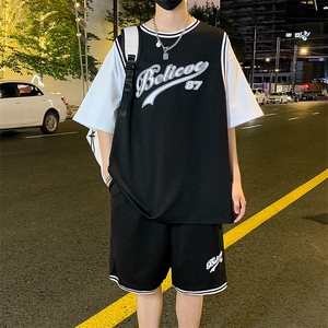 夏季时尚休闲套装假两件纯棉男宽松短袖短裤篮球服F312P60控89图片