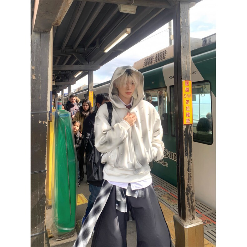 美式复古洗色铆钉重磅复古设计长袖拉链男女卫衣,男装卫衣,四季星座505