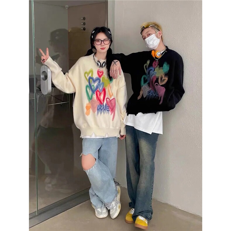 高街潮牌慵懒风毛衣男宽松韩系复古彩色爱心印花针织衫AA11-P34,男装针织衫/毛衣,星座208-5