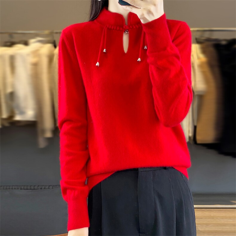 时尚红色纯毛中式女装羊毛衫修身显瘦长袖针织衫，女装羊毛衫，梵泰羊绒