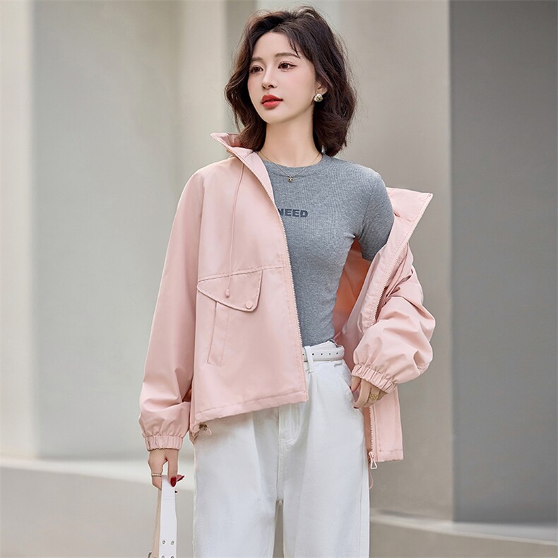 休闲宽松连帽短款外套女2025春秋新款小个子洋气减龄粉色夹克上衣,女装短外套,韩蔻秀