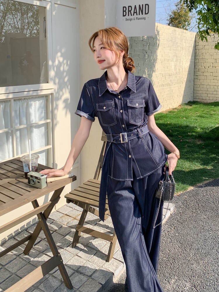 休闲工装收腰牛仔阔腿裤套装女夏2026新款高级感两件套松弛感,女装套装/套裙,印象茜
