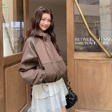 【现货】咖色拼皮连帽休闲外套秋季夹克衫上衣2C353+705#P165K248，女装短外套，2C353