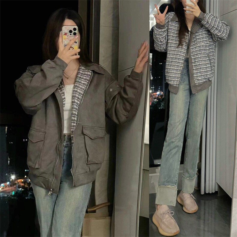 C907-P110麂皮绒两面穿外套女春秋2025年新款宽松美式夹克图片