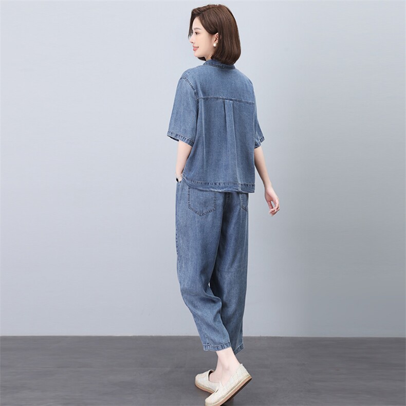 时尚薄款牛仔套装女夏季2025新款宽松休闲中年妈妈洋气减龄两件套,女装套装/套裙,悦见她