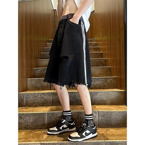 牛仔短裤男夏季条纹毛边破洞水洗直筒裤子美式高街vibe休闲五分裤图片