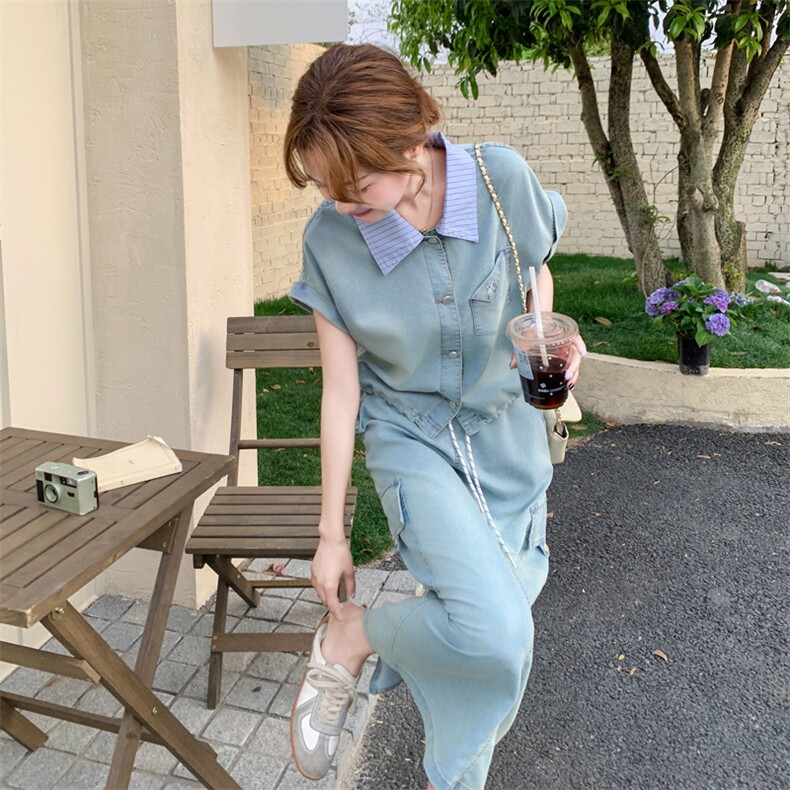 高级松弛感穿搭牛仔连衣裙女夏薄款2025巨好看工装衬衫长裙套装,女装套装/套裙,2C266