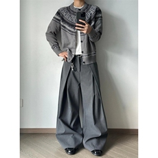 灰色老钱风费尔岛提花针织衬衫男早秋美式复古高级感毛衣开衫外套，男装针织衫/毛衣，星座506A