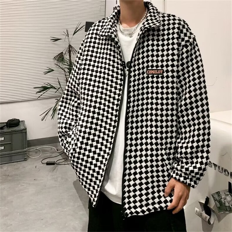 春秋港风潮牌情侣装休闲外套美式复古棋盘格翻领夹克男 W5117-P73图片