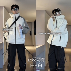 网图新加红色双面穿冲锋衣连帽立领防风防水外套夹克J3044-P80，男装夹克，星座1213
