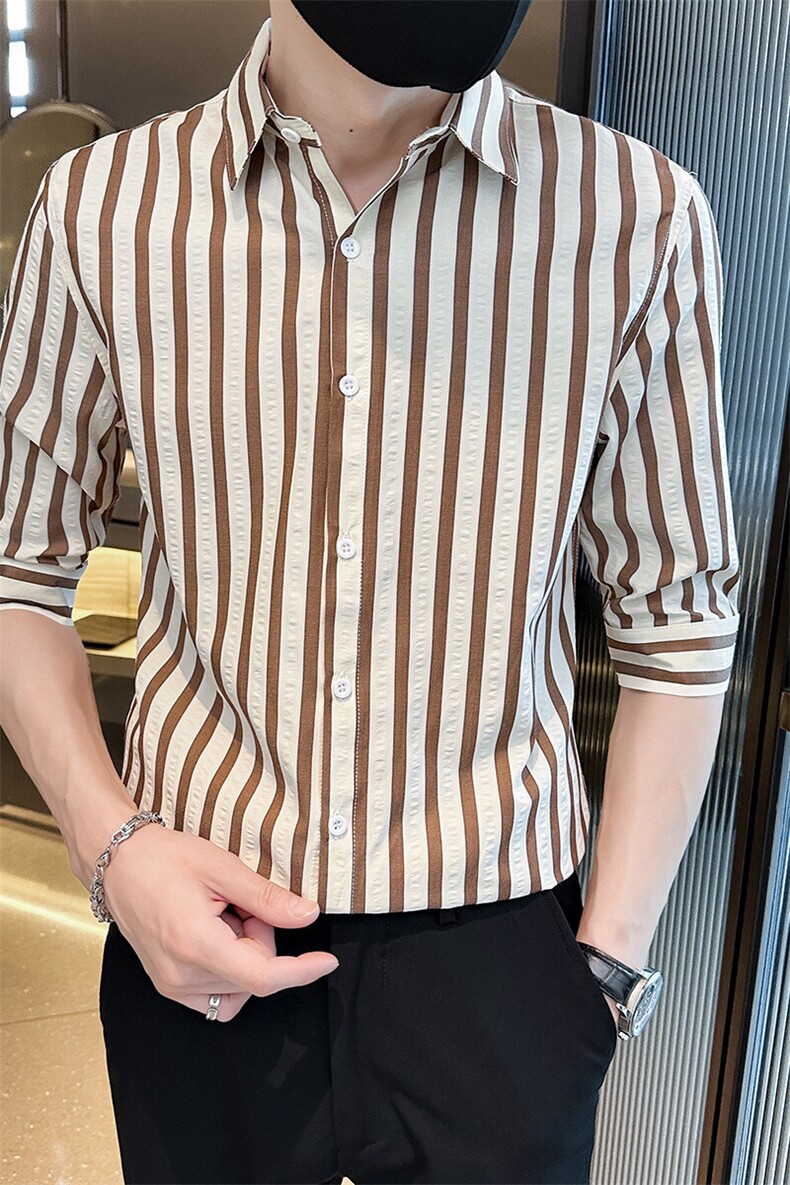 夏季男士七分袖印花衬衫男休闲修身条纹衬衣A236-A41-P55,男装衬衫,电商A236