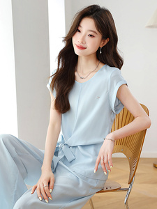 时尚休闲套装女2025夏季新款简约百搭显瘦荷叶边小衫阔腿裤两件套图片