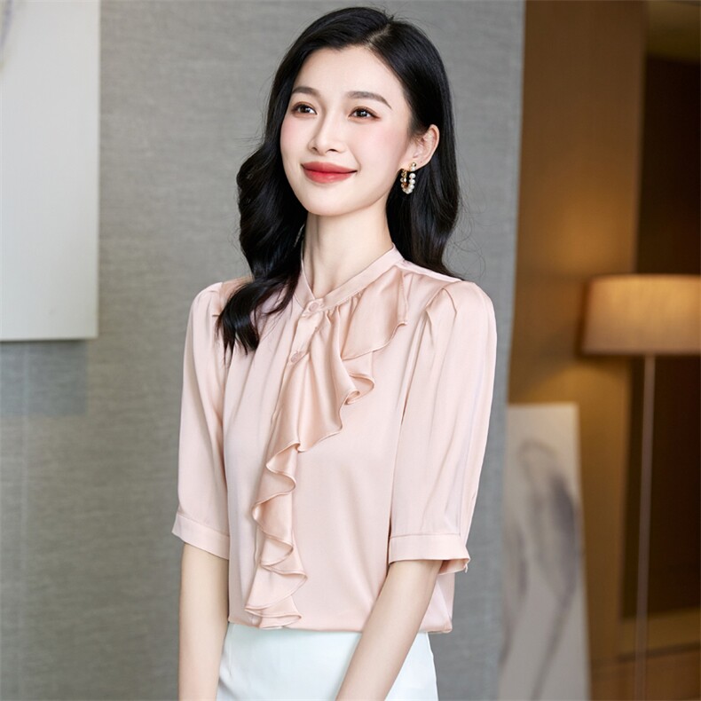 真丝衬衫女七分袖夏装2024女装年轻百搭纯色桑蚕丝温柔高阶感上衣,女装衬衫,阿舍尔精品