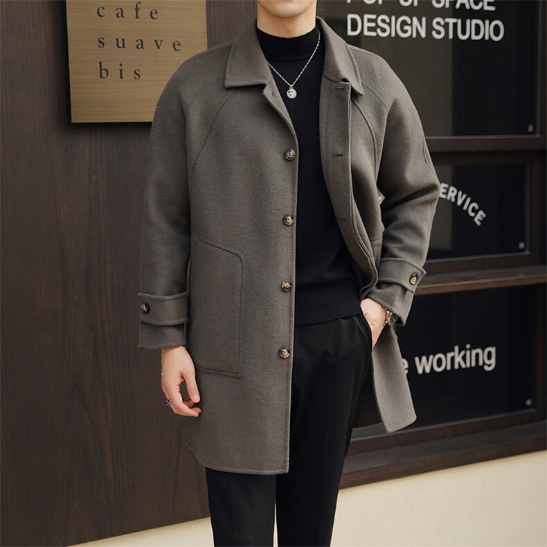 8634-P298 中长款男士双面尼冬季羊毛风衣外套M-4Xl-灰绿色图片
