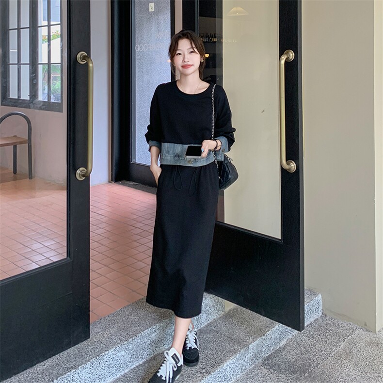 法式连衣裙女春秋2025拼接显瘦韩系宽松小个子气质黑色假两件裙子,女装连衣裙,2C029