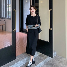 法式连衣裙女春秋2025拼接显瘦韩系宽松小个子气质黑色假两件裙子，女装连衣裙，2C029